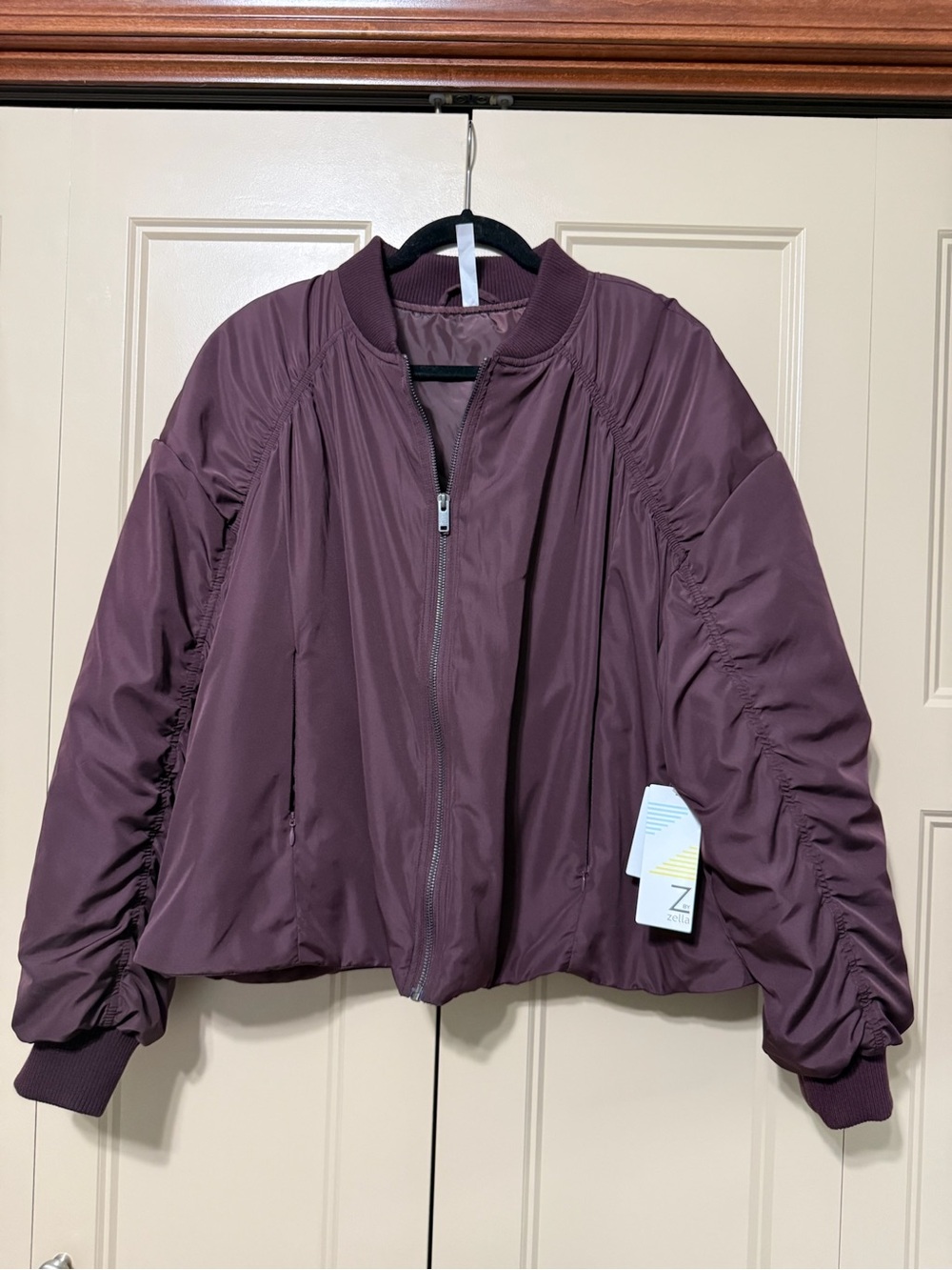 NWT Z by Zella Plum Bomber Jacket - Ruched Sleeve Lightweight Coat XL